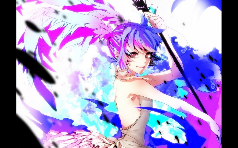 Обои для рабочего стола Vocaloid Hatsune Miku / Вокалоид Хатсуне Мику с кистью, в каплях от чернил