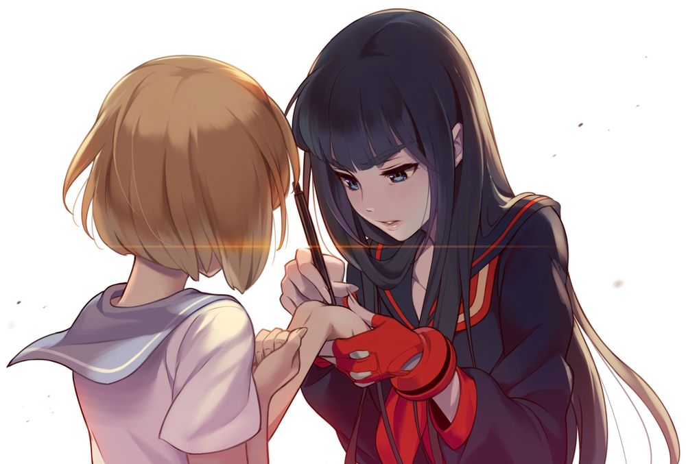 Обои для рабочего стола Mako Mankanshoku и Satsuki Kiryuin из аниме Kill la Kill в школьных матросках на белом фоне