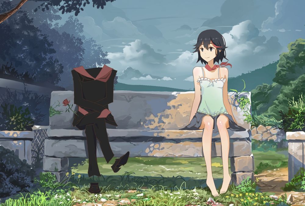 Обои для рабочего стола Ryuuko Matoi и Senketsy из аниме Kill la Kill отдыхают на скамейке в парке