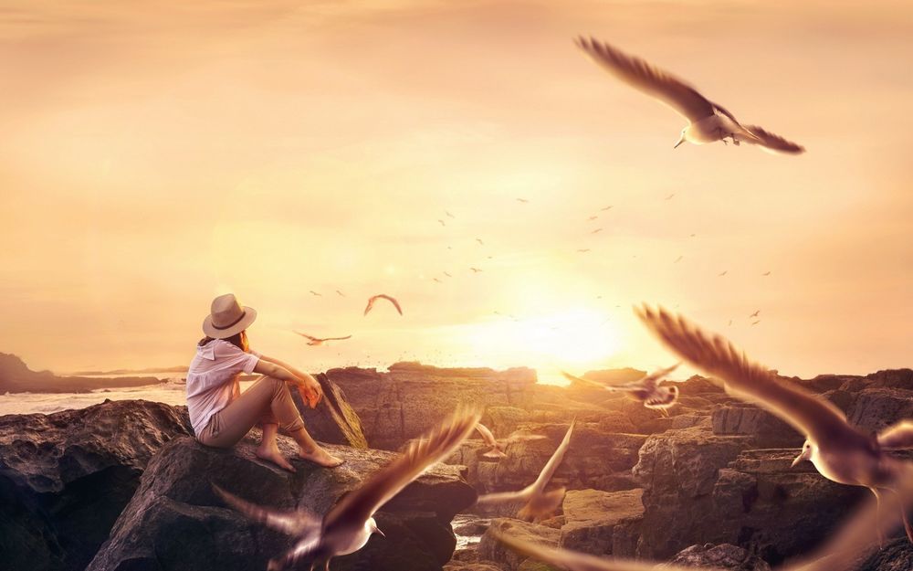 Обои для рабочего стола Девушка сидит на вершине скалы и смотрит на закат солнца, рядом пролетают птицы