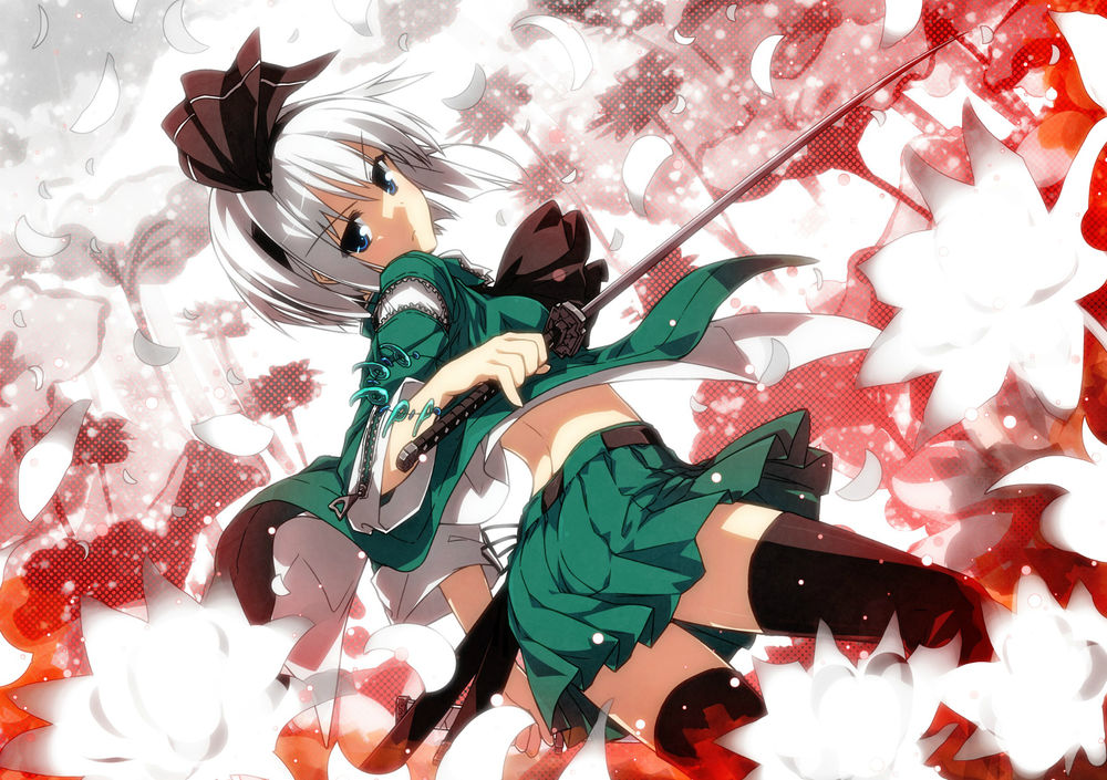 Обои для рабочего стола Youmu Konpaku / Ёму Конпаку с катаной среди белых цветов, персонаж из серии компьютерных игр Touhou Project / «Проект «Восток»», art by Sazanami Mio