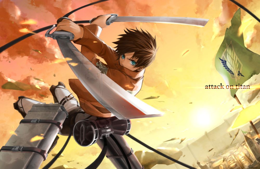 Обои для рабочего стола Атака Титана / Attack on Titan / Shingeki no Kyojin, Eren Yeager с оружием на фоне неба