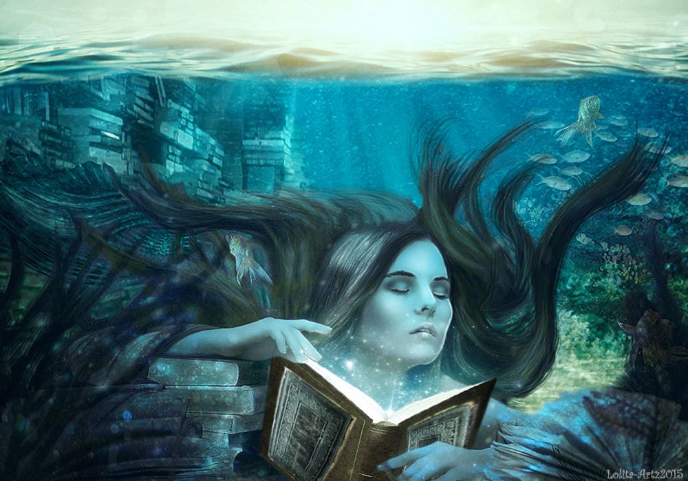Обои для рабочего стола Девушка с книгой под водой