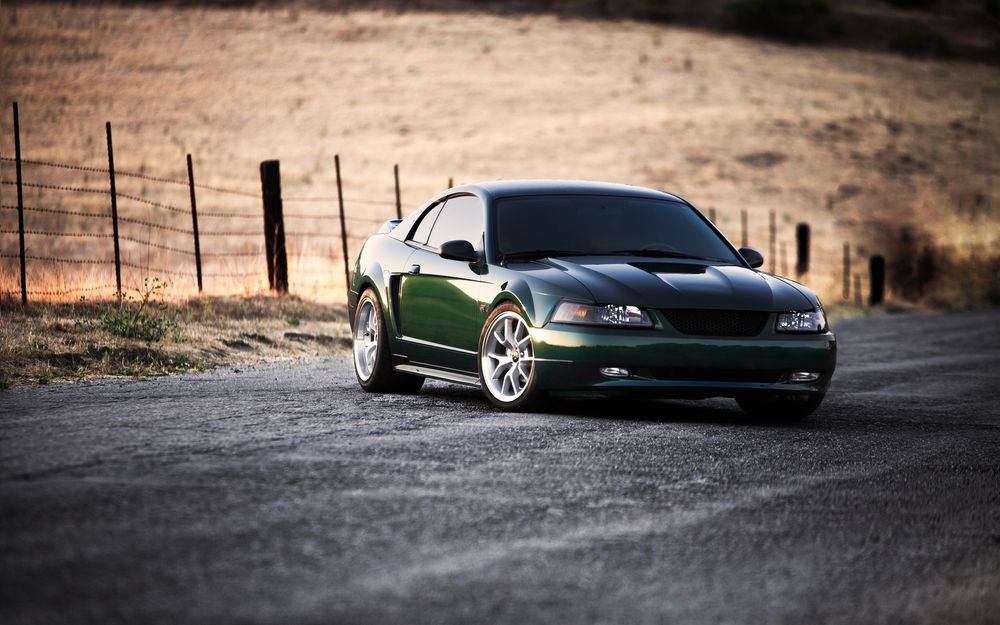 Обои для рабочего стола Ford Mustang на дороге на фоне поля и ограждения