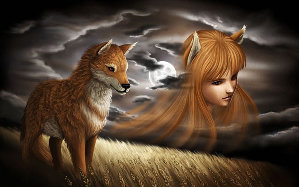 Обои для рабочего стола Среди поля с растущей пшеницей стоит лиса, на фоне облачного ночного неба виден силуэт девушки лисички, с ушками и рыжими волосами