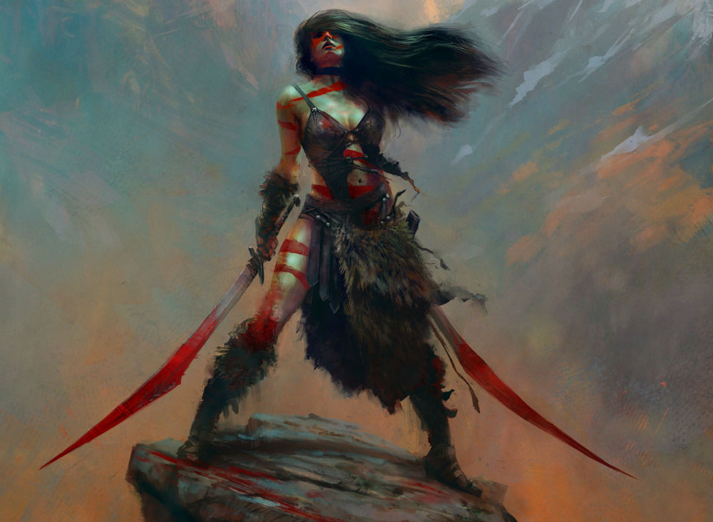 Обои для рабочего стола Темноволосая девушка, одетая в разорванную меховую одежду, стоит на скале держа два меча в руках на фоне неба