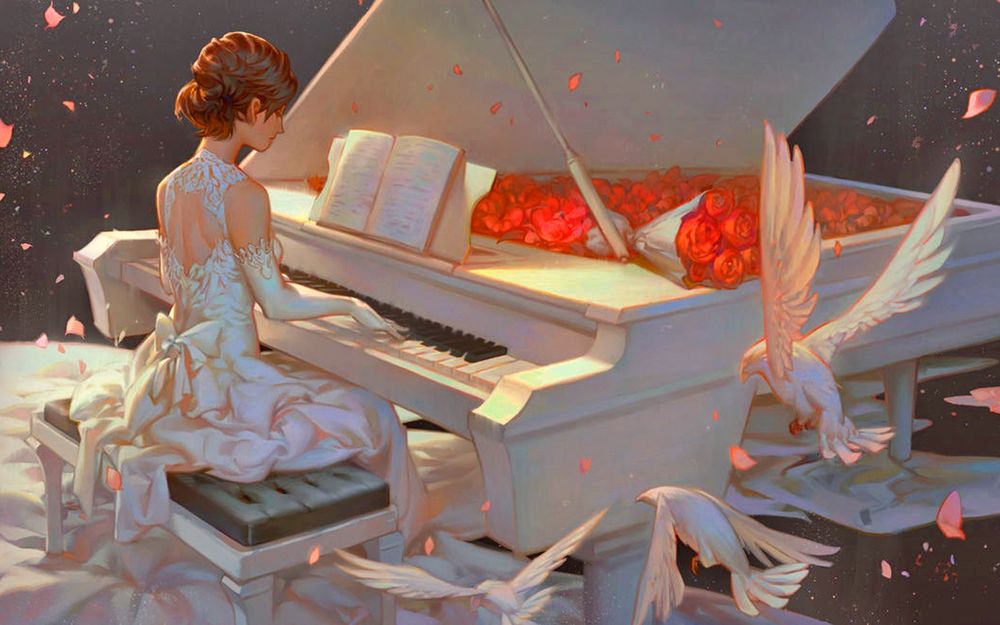 Обои для рабочего стола Девушка играет на рояле, укрытом цветами роз, к ней подлетают белые птицы