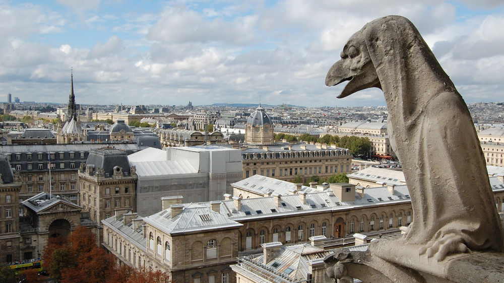 Обои для рабочего стола Статуя собора Парижской Богоматери / Notre dame de Paris и вид на город