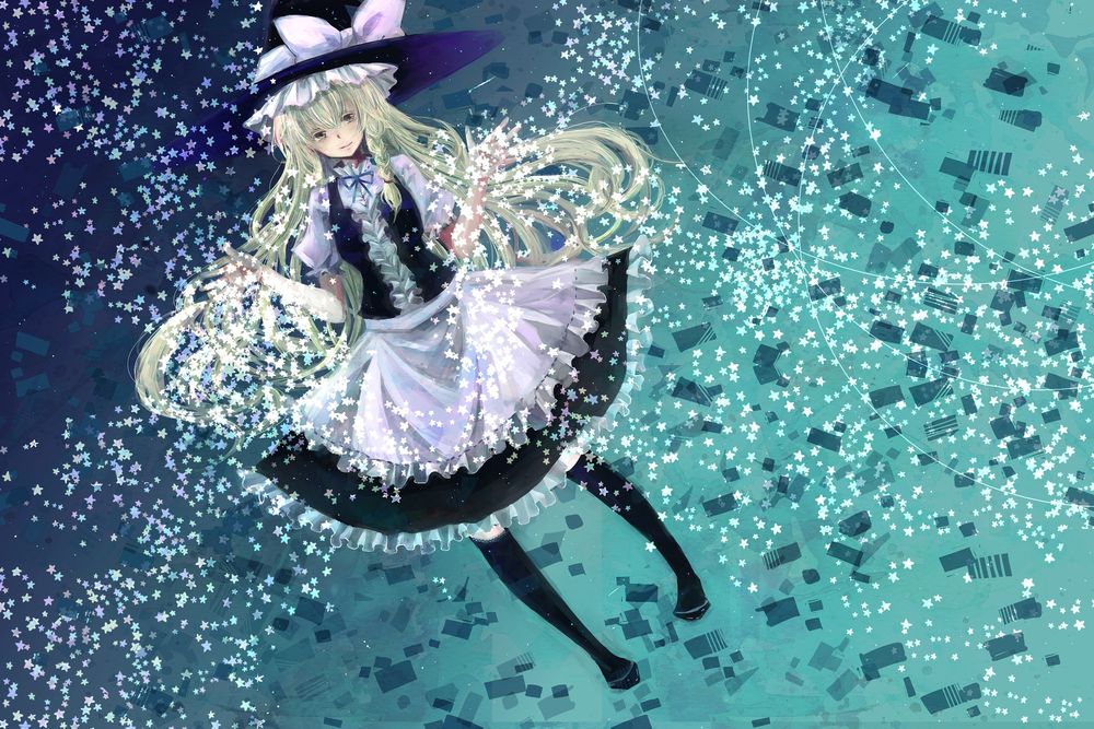 Обои для рабочего стола Kirisame Marisa / Мариса Кирисаме в окружении звездочек, персонажи из серии компьютерных игр Touhou Project / «Проект «Восток»», art by Shiratsuyu