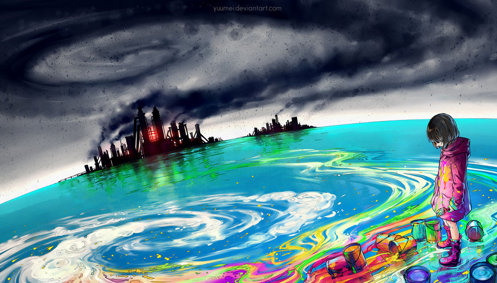 Обои для рабочего стола Девушка стоит на берегу в окружении банок с цветной краской, by yuumei