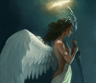 Обои на рабочий стол Девушка ангел с мечом, art by Francisco Mendez
