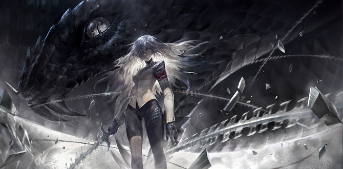Обои на рабочий стол Девушка с мечом в руке и черный дракон из проекта Pixiv Fantasia T / PFT