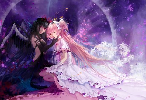 Обои на рабочий стол Хомура Акэми / Homura Akemi и Мадока Канамэ / Madoka Kaname из аниме Девочка-волшебница Мадока Магика / Mahou Shoujo Madoka Magica