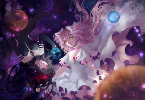 Обои на рабочий стол Хомура Акэми / Homura Akemi и Мадока Канамэ / Madoka Kaname из аниме Девочка-волшебница Мадока Магика / Mahou Shoujo Madoka Magica