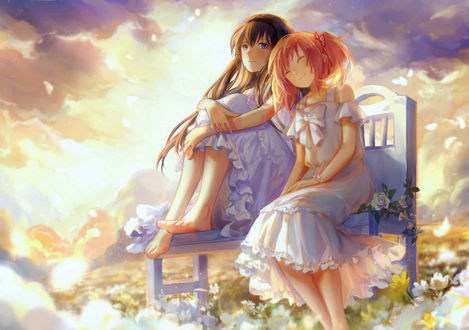 Обои на рабочий стол Хомура Акэми / Homura Akemi и Мадока Канамэ / Madoka Kaname из аниме Девочка-волшебница Мадока Магика / Mahou Shoujo Madoka Magica