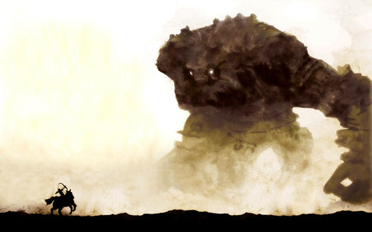 Обои на рабочий стол Поединок лучника на коне и гигантского монстра из игры Shadow of Colossus