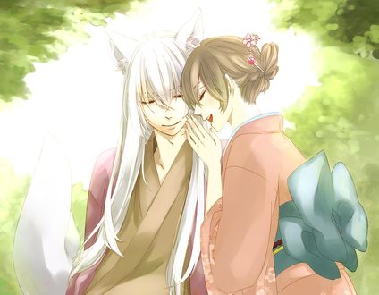 Обои на рабочий стол Демон-лис Tomoe / Томое и Nanami Momozono / Нанами Момозоно из аниме Kamisama Hajimemashita / Очень приятно, Бог, художник He-zo