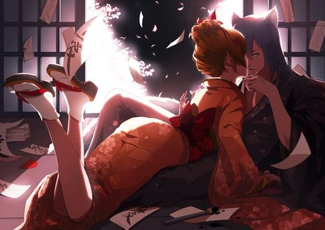 Обои на рабочий стол Демон-лис Tomoe и Nanami Momozono из аниме Kamisama Hajimemashita / Очень приятно, Бог