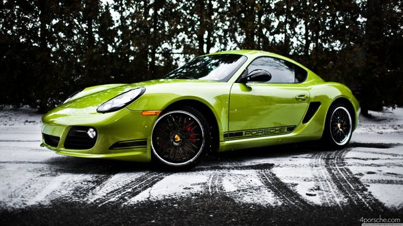 Обои на рабочий стол Салатовая porsche на черно белом фоне