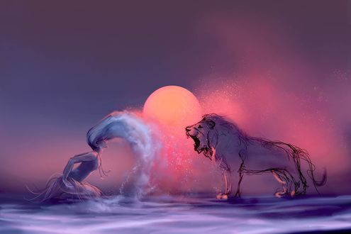Обои на рабочий стол Девушка и лев, ву Cyril ROLANDO