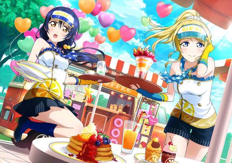 Обои на рабочий стол Две девушки, героини игры Lovelive! School Idol Festival