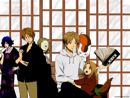 Обои на рабочий стол Natsume Takashi / Нацумэ Такаши, Shuuichi Natori / Шуичи Натори, екаи Urihime / Урихиме, Kogitsune / Лисенок и Nyanko-sensei / Нянко-Сенсей из аниме Natsume Yuujinchou / Тетрадь дружбы Нацумэ