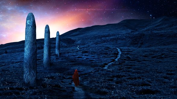 Обои на рабочий стол Девушка в красном плаще идет по тропинке, by RazielMB