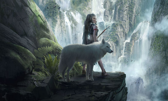 Обои на рабочий стол Принцесса Мононокэ / Princess Mononoke и богиня-волчица Моро / Moro из аниме Princess Mononoke / Принцесса Мононоке / Mononoke Hime, by LeeJJ