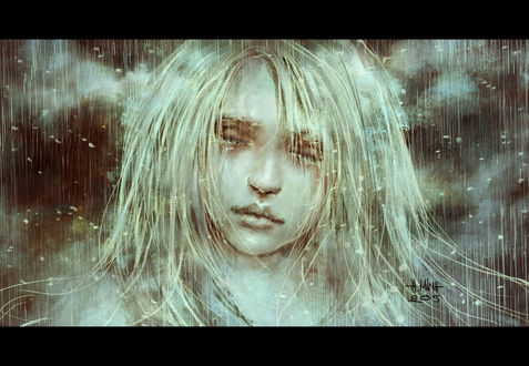Обои на рабочий стол Девушка под дождем, art by NanFe