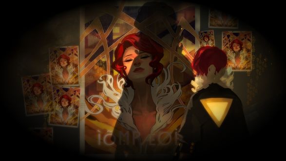 Обои на рабочий стол Ред из игры Transistor / Транзистор смотрит на афишу своего концерта