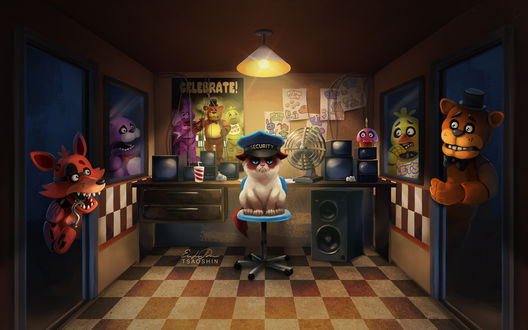 Обои на рабочий стол Grumpy Cat / Сердитый Кот в роли сторожа, арт по игре Five Nights at Freddys / Пять ночей у Фредди