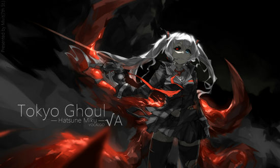 Обои на рабочий стол Vocaloid Hatsune Miku / Вокалоид Хатсуне Мику на мрачном фоне в стиле Tokyo Ghoul / Токийский гуль