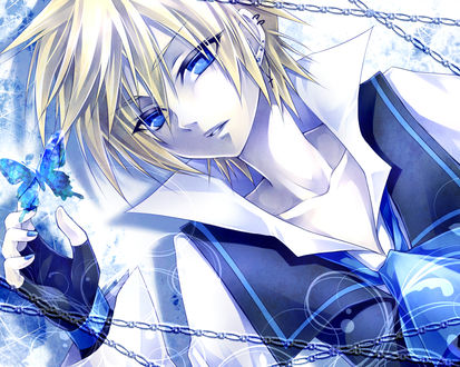 Обои на рабочий стол Вокалоид Лен Кагамине / Vocaloid Len Kagamine с бабочкой