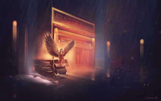 Обои на рабочий стол Девушка-ангел сидит на машине под дождем