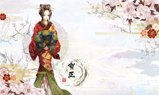 Обои на рабочий стол Yukimura Chizura / Юкимура Чизуру в кимоно из аниме Hakuouki Shinsengumi Kitan / Демоны бледно-розовой сакуры
