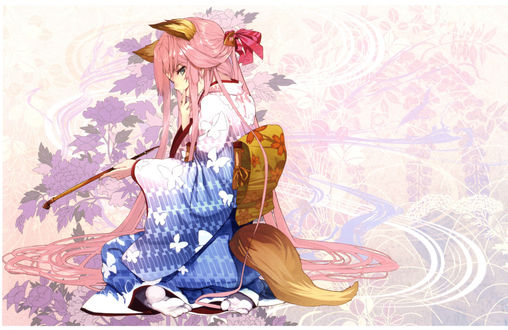 Обои на рабочий стол Fox girl сидит в кимоно с трубкой, art by Pochiharu