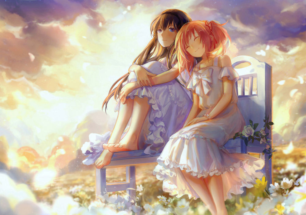 Обои для рабочего стола Хомура Акэми / Homura Akemi и Мадока Канамэ / Madoka Kaname из аниме Девочка-волшебница Мадока Магика / Mahou Shoujo Madoka Magica