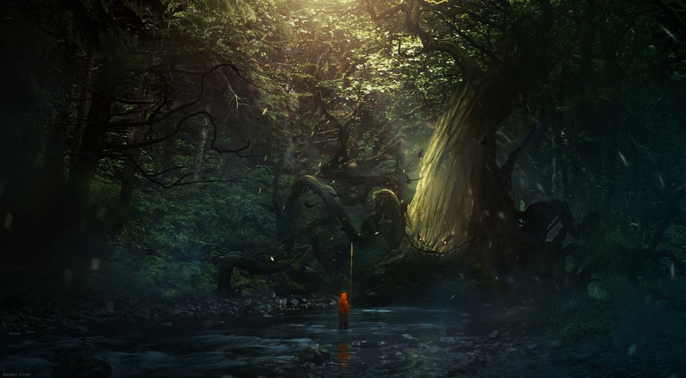 Обои для рабочего стола Человек стоит в воде на фоне таинственного леса, художник Бастьен Гривет