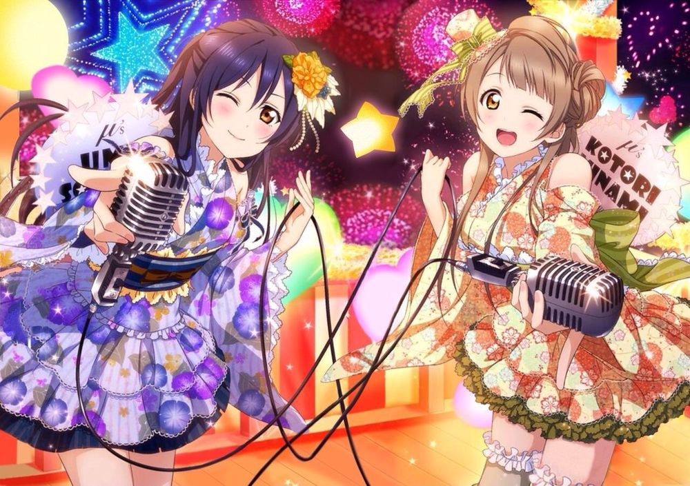 Обои для рабочего стола Две девушки, героини игры Lovelive! School Idol Festival