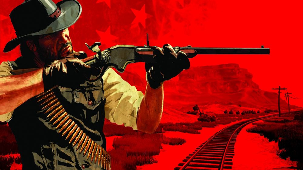 Обои для рабочего стола Ковбой John Marston / Джон Марстон целится из ружья, протагонист игры Red Dead Redemption