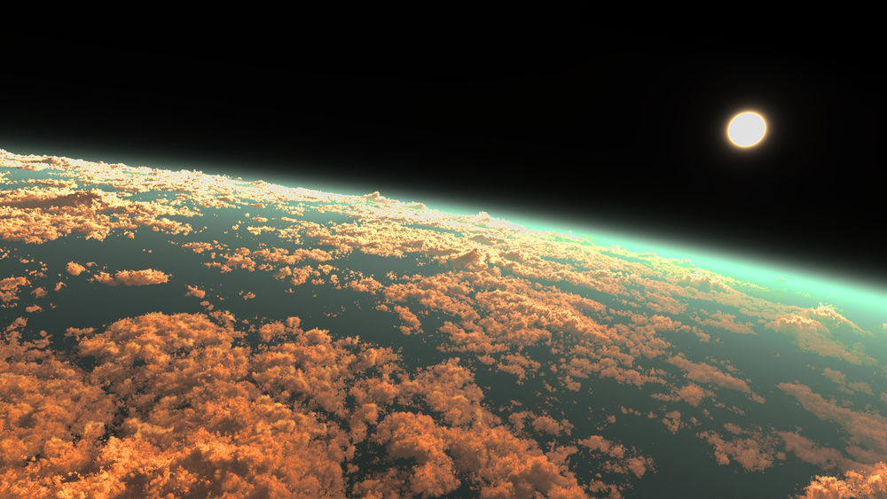 Обои для рабочего стола Светящаяся поверхность планеты с облаками и ее спутник, арт / art by y-k