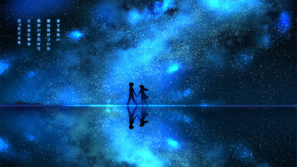 Обои для рабочего стола Силуэты парня, ведущего за руку девушку, на фоне звездного неба, отражающиеся в водной глади, арт / art by Akisorapx