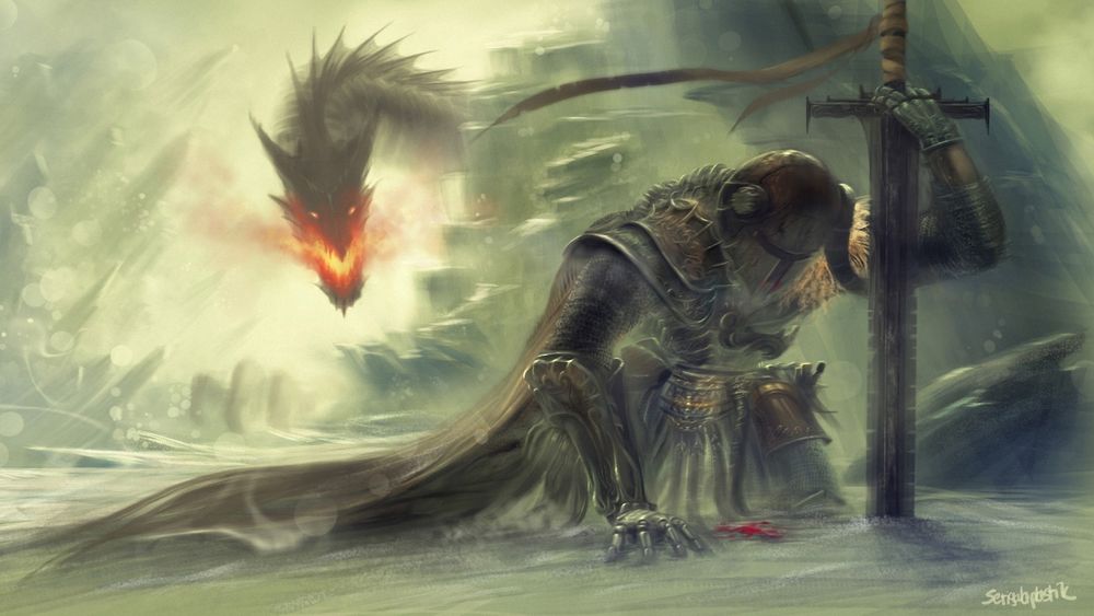Обои для рабочего стола Раненный рыцарь преследуемый огнедышащим драконом, игра Deathwing the Destroyer