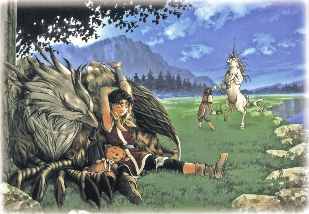 Обои для рабочего стола Пляшущий единорог и другие персонажи из игры Suikoden 2, отдыхают на берегу горного озера