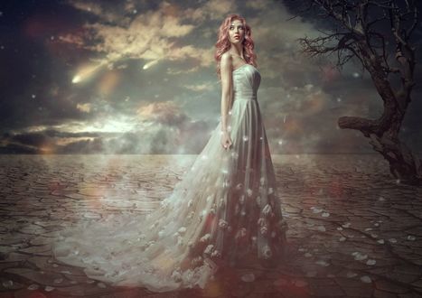 Обои на рабочий стол Девушка с падающими розами стоит у одинокого дерева, by shiny-shadows-Art