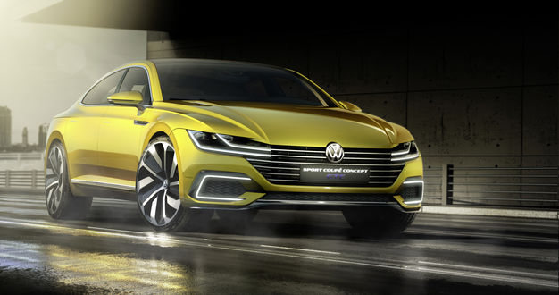 Обои на рабочий стол Желтое авто volkswagen, sport, coupe на дороге
