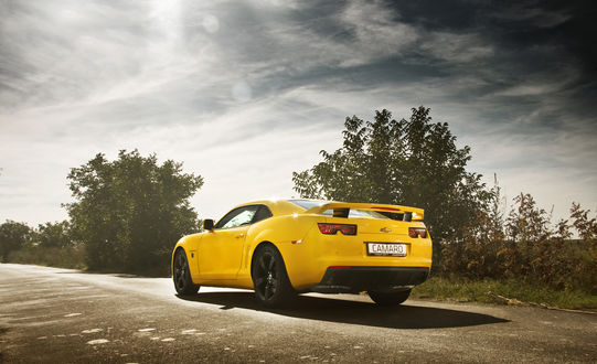 Обои на рабочий стол Желтый chevrolet camaro на дороге