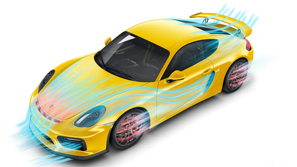 Обои на рабочий стол Желтый автомобиль porsche cayman gt4 на белом фоне