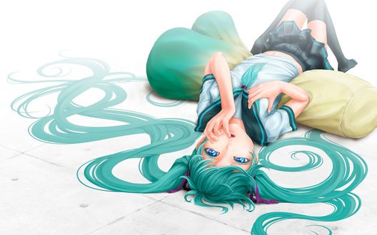 Обои на рабочий стол Vocaloid Miku Hatsune / вокалоид Мику Хатсуне лежит на спине на полу
