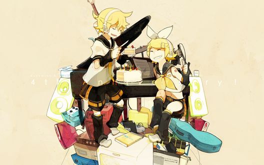 Обои на рабочий стол Vocaloid / Вколоиды Rin & Len Kagamine / Рин и Лен Кагамине кушают торт